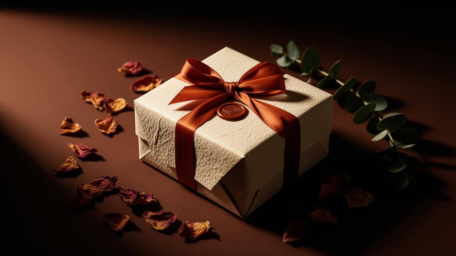 A cream linen-wrapped surprise gift box tied with a terracotta ribbon and sealed with wax